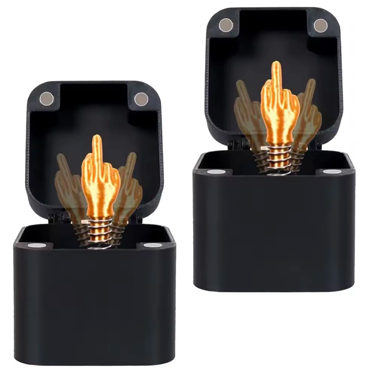 Black middle finger pop-up prank gift box with gold-coloured surprise