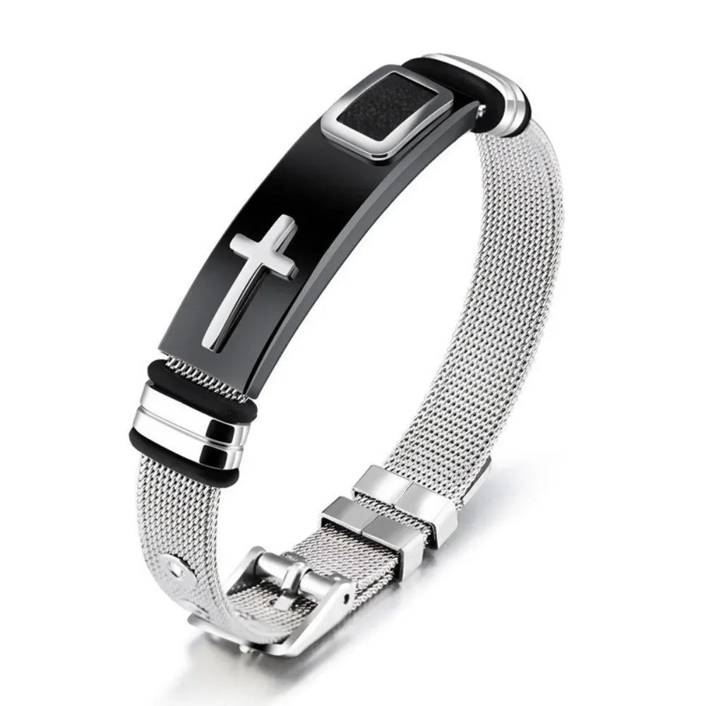 Cross bracelet with silver-coloured mesh strap and black centre