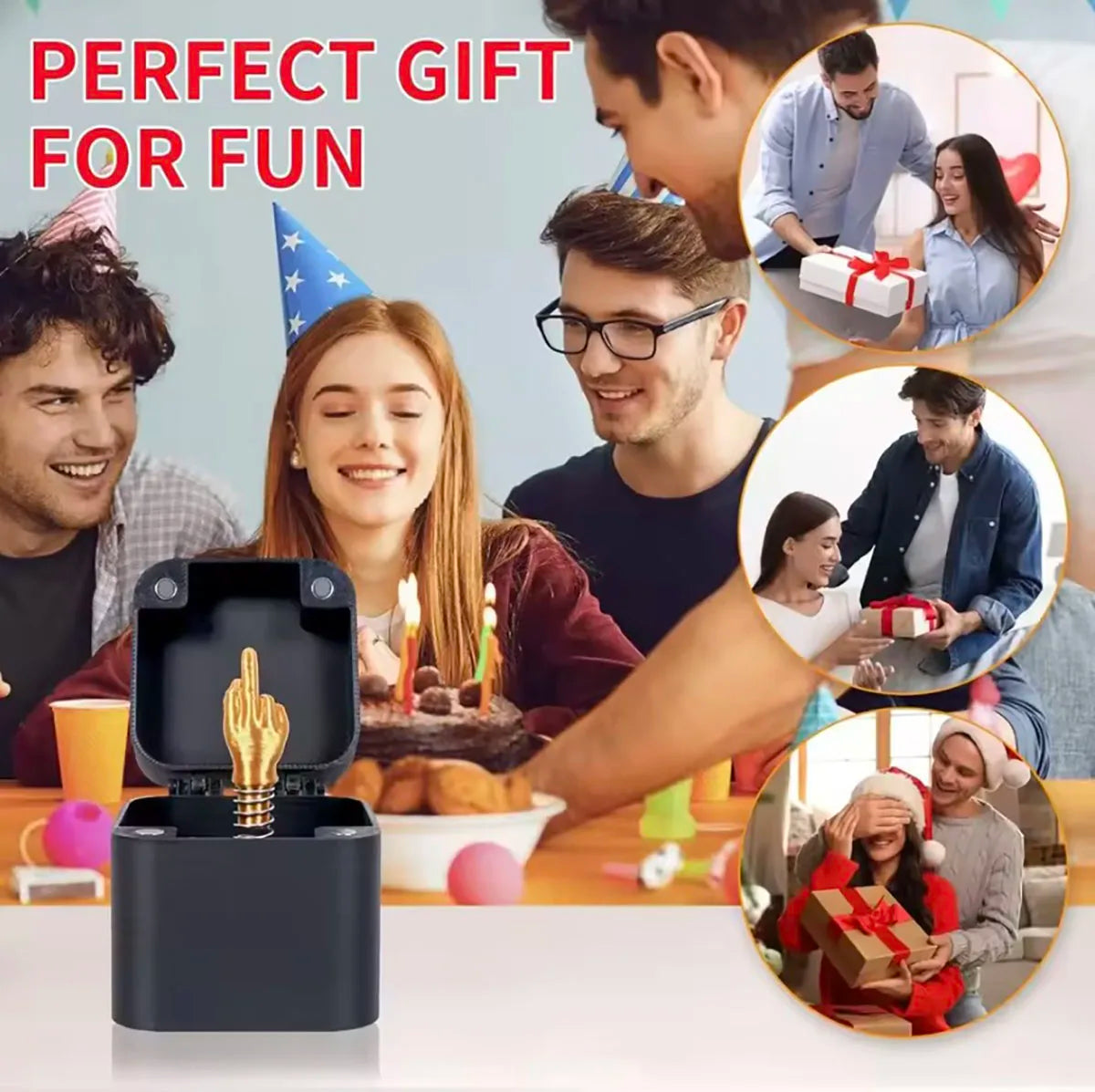 Black middle finger pop-up prank gift box with gold-coloured surprise